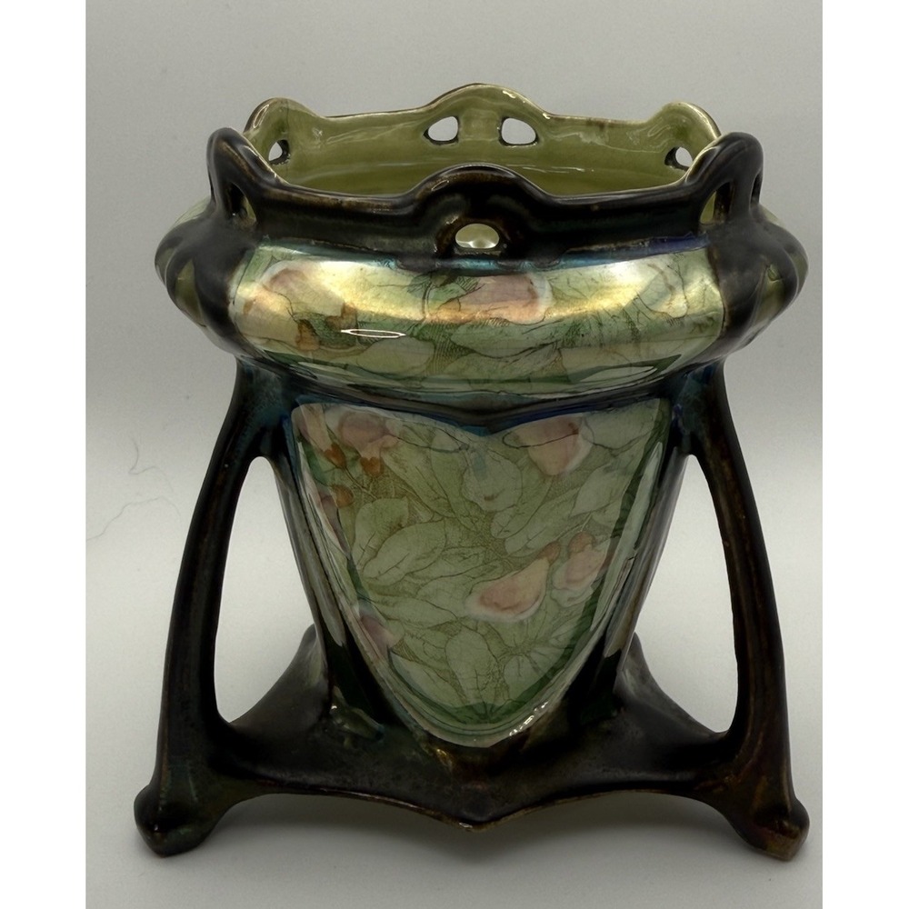 Antique Bohemian Art Nouveau Iridescent Tripod Ceramic Vase Dressler? 1890-1910